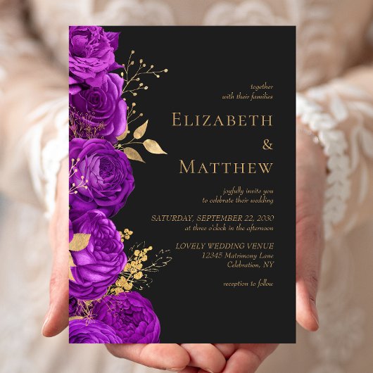 Romantisch Paars Goud Donker Bloemen Bruiloft Kaart