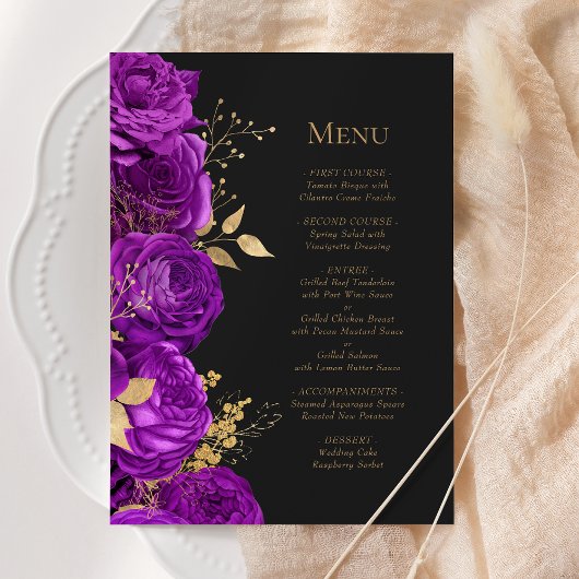 Romantisch Paars Goud Donker Bloemen Bruiloft Menu