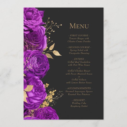 Romantisch Paars Goud Donker Bloemen Bruiloft Menu (Voorkant)