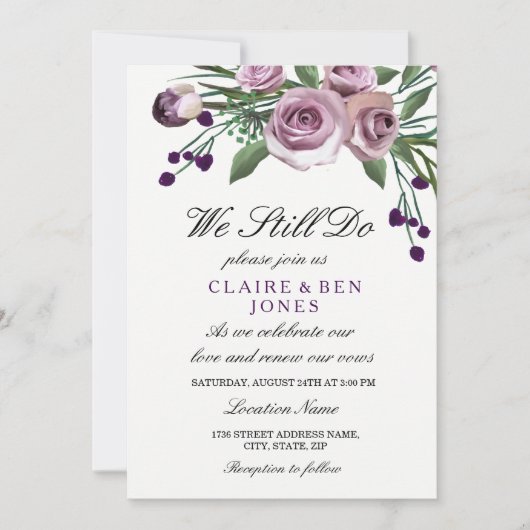 Romantisch Paars Roos Wedding Vow Renewal Invite Kaart (Voorkant)