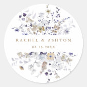 Romantisch paars wit goud bloem bruiloft ronde sticker (Voorkant)