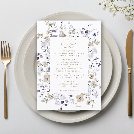 Romantisch paars wit gouden bloem bruiloft menu