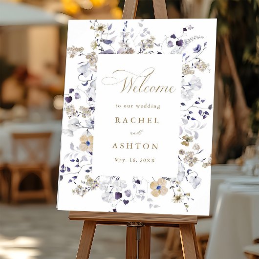 Romantisch paars wit gouden bloem bruiloft welkom poster