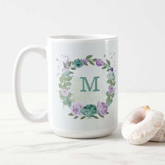 Romantisch paarse blauwe bloemen groen koffiemok (Met donut)