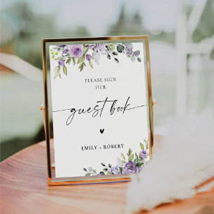 Romantisch Paarse Bloemen Gastboek Teken Reclamebord Met Voetstuk