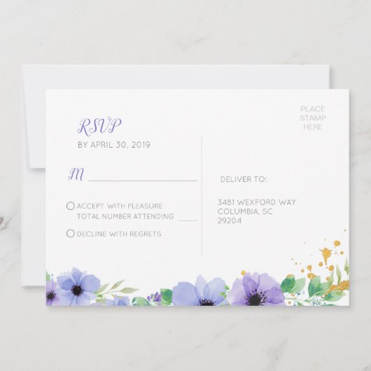 Romantisch Paarse Bloemen RSVP Briefkaart (Achterkant)