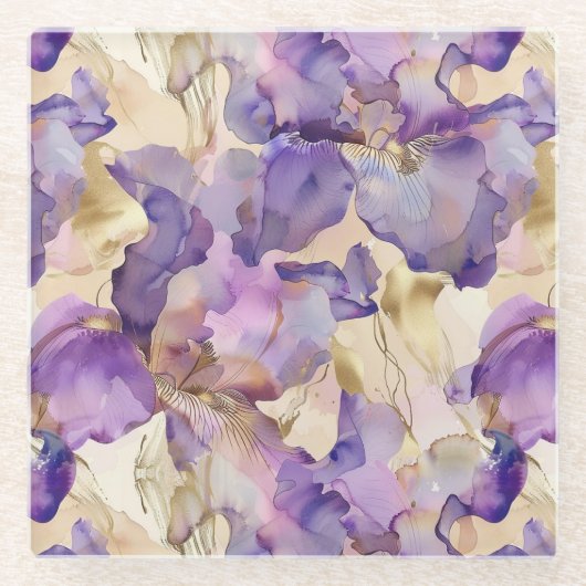 Romantisch Paarse Gouden Iris Floral Vrijgezellenf Glazen Onderzetter (Voorkant)