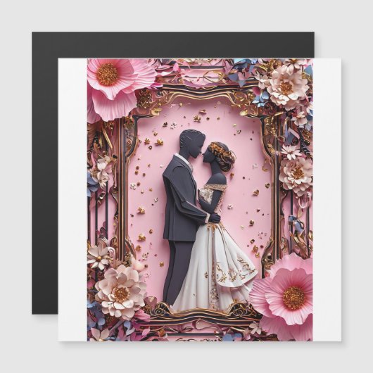 Romantisch papier silhouet bruiloft scene magnetische uitnodiging (Voorkant / Achterkant)