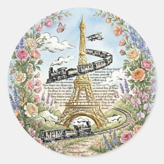 Romantisch Parijs, Eiffeltoren, Franse Kunst Ronde Sticker (Voorkant)