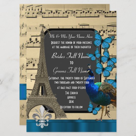 Romantisch Parijs, pauw en vlinders bruiloft Kaart (Voorkant / Achterkant)