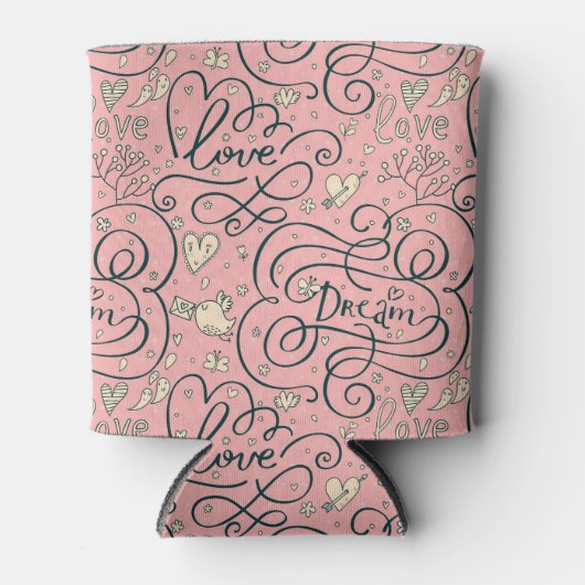 Romantisch patroon met hart en vogels blikjeskoeler (Voorkant)