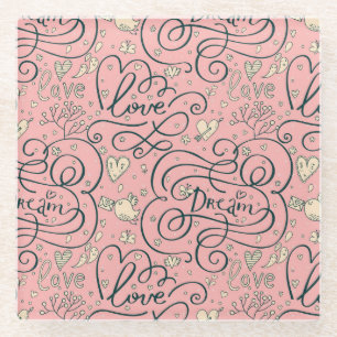 Romantisch patroon met hart en vogels glazen onderzetter