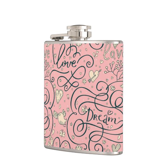 Romantisch patroon met hart en vogels heupfles (Links)