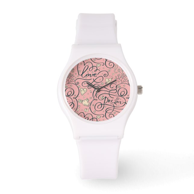 Romantisch patroon met hart en vogels horloge (Voorkant)