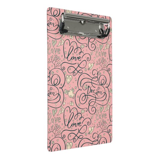 Romantisch patroon met hart en vogels mini klembord (Schuin)