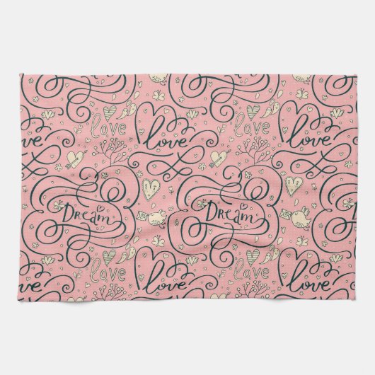 Romantisch patroon met hart en vogels theedoek (Horizontaal)