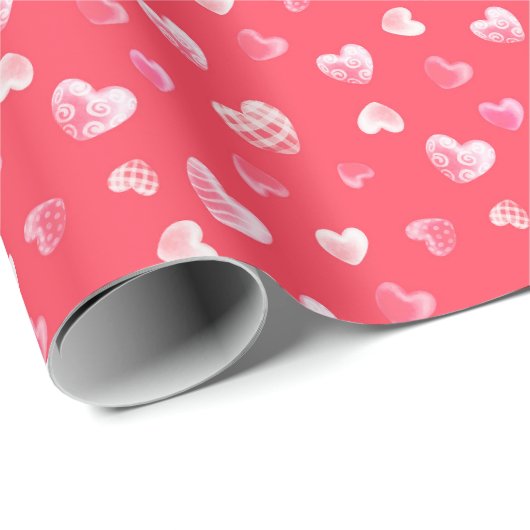 Romantisch patroon van witte harten op koraalrood cadeaupapier (Rol Hoek)