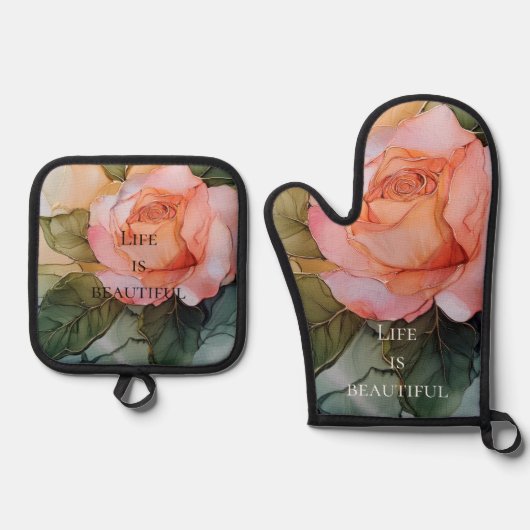 Romantisch Perzik Roos Floral Vrijgezellenfeest Ovenwant & Pannenlap Set (Voorkant)