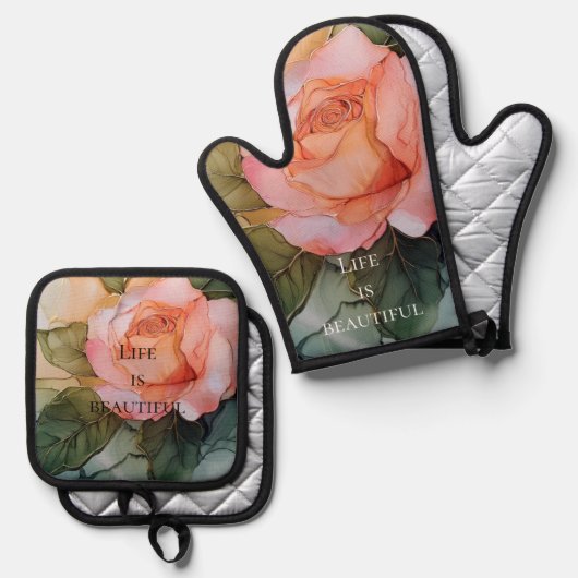 Romantisch Perzik Roos Floral Vrijgezellenfeest Ovenwant & Pannenlap Set (Voorkant / Achterkant)