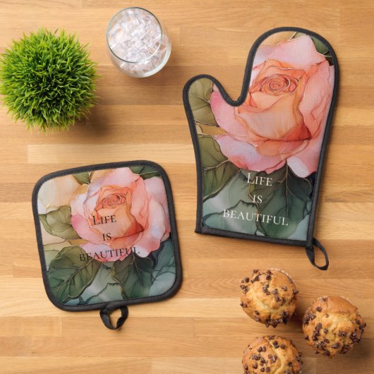 Romantisch Perzik Roos Floral Vrijgezellenfeest Ovenwant & Pannenlap Set (Top down)