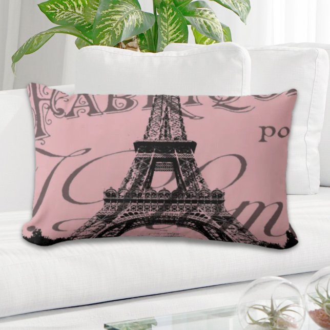 romantisch pink french vintage paris eiffel tower kussen (romantic pink french vintage paris eiffel tower lumbar pillow)