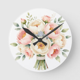 Romantisch pioenboeket met diamanten ring ronde klok
