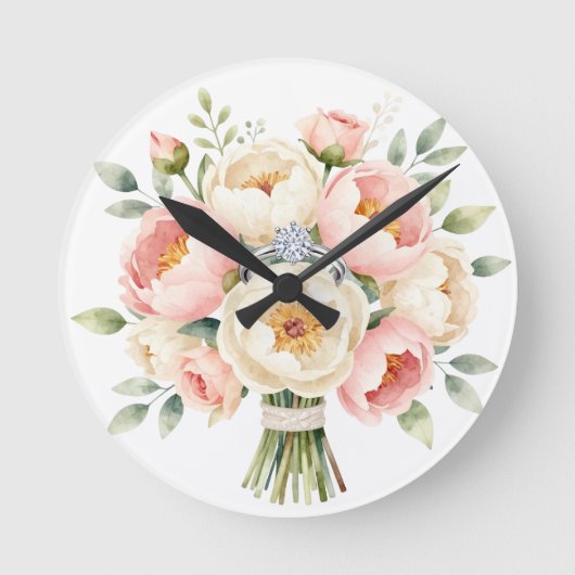 Romantisch pioenboeket met diamanten ring ronde klok (Voorkant)