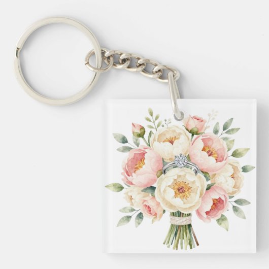 Romantisch pioenboeket met diamanten ring sleutelhanger (voorkant)