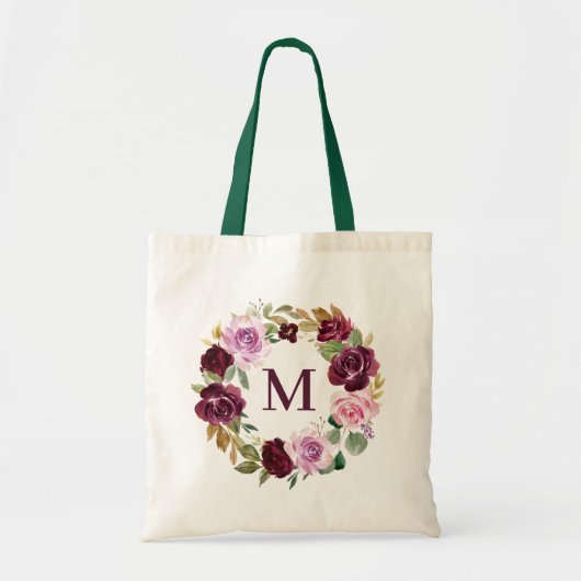 Romantisch Plum Waterverf Bloemenkrans Monogram Tote Bag (Voorkant)