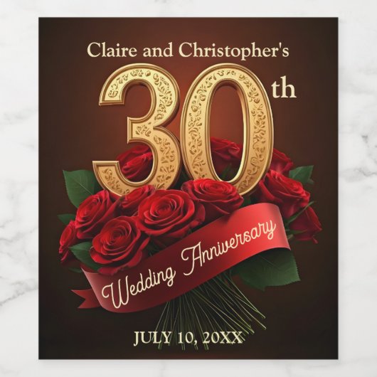 Romantisch Red Roses Gold 30ste bruiloft Jubileum Wijn Etiket (Enkel label)