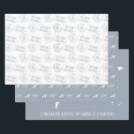 Romantisch reisthema Paspoortstempel Blauw Inpakpapier Vel<br><div class="desc">Reis geïnspireerd op stoffig blauw aangepast bruiloft paspoort stempel, monogram voor het vliegtuighart en ontwerp van de wereldkaart op gepersonaliseerd verpakkingspapier met meerdere design voor een bestemmingspartner of een reisthemahuisje of decoratie voor receptietafels. Type op de trouwlocatie en de naam en trouwdatum van het paar om de douanestandstempels en het...</div>