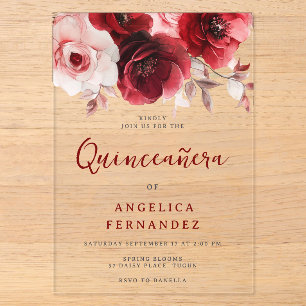 Romantisch Robijnrood Roos Quinceanera Feest Acryl Uitnodigingen