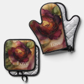 Romantisch Rode Bourgogne Rozen Goud Bloemig Ovenwant & Pannenlap Set (Voorkant / Achterkant)