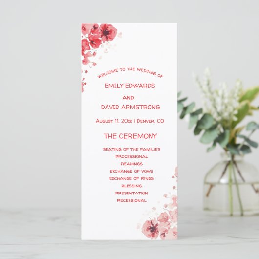 Romantisch rood bloemend huwelijksprogramma (Staand voorkant)