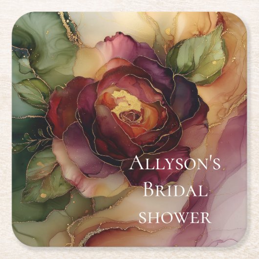 Romantisch rood Bourgondië Roos Gouden Bloemen Huw Kartonnen Onderzetters (Voorkant)