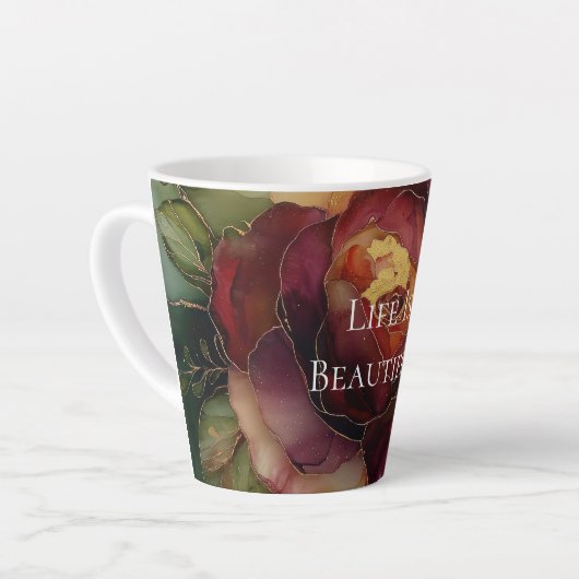 Romantisch rood Bourgondisch Roos Gouden Bloemen Latte Mok (Linkerhoek)