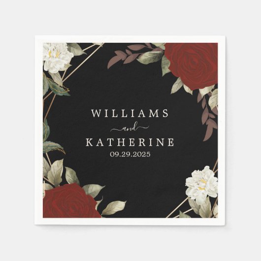 Romantisch rood Diep roos Bloemen Winter zwart bru Servet (Voorkant)