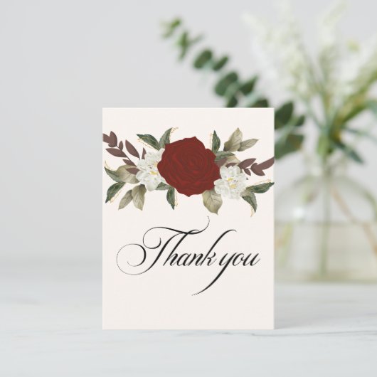 Romantisch rood Diepe kleur roos Bloemig Winter br Bedankkaart (Staand voorkant)