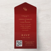 Romantisch Rood en Goud Monogram QR Code Bruiloft All In One Uitnodiging (Binnen)