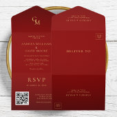 Romantisch Rood en Goud Monogram QR Code Bruiloft All In One Uitnodiging