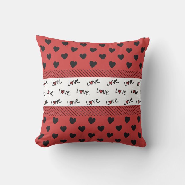 Romantisch rood en zwart hartpatroon kussen (Voorkant)