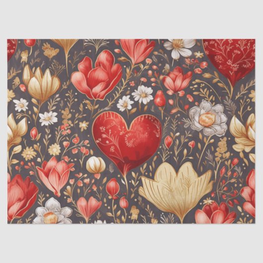Romantisch Rood & Goud Bloemen & Harten Decoupage Tissuepapier (Voorkant)
