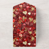 Romantisch Rood Goud Glitzy Hearts Wedding All In One Uitnodiging (Buitenkant)