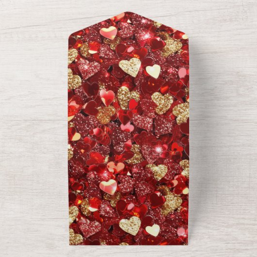 Romantisch Rood Goud Glitzy Hearts Wedding All In One Uitnodiging (Buitenkant)