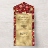Romantisch Rood Goud Glitzy Hearts Wedding All In One Uitnodiging (Binnen)