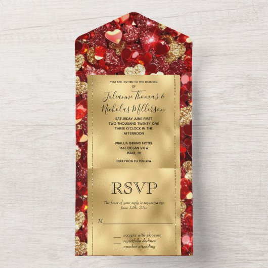 Romantisch Rood Goud Glitzy Hearts Wedding All In One Uitnodiging (Binnen)