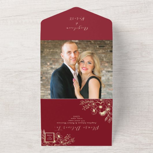 Romantisch Rood Goud Huwelijk All In One Uitnodiging (Buitenkant)