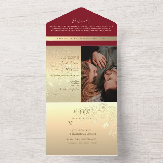Romantisch Rood Goud Huwelijk All In One Uitnodiging (Binnen)