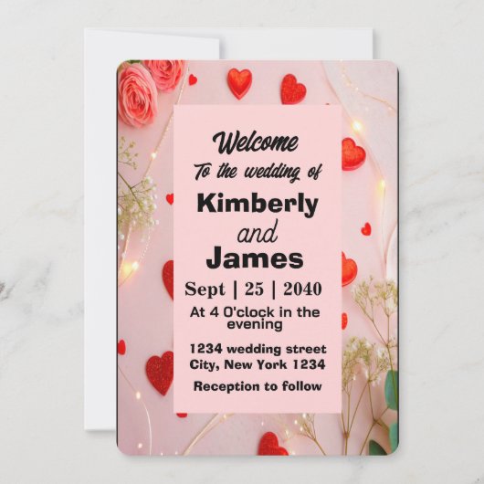 Romantisch rood hart en Roos huwelijksuitnodiging Kaart (Voorkant)