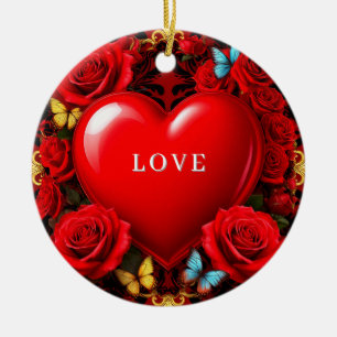 Romantisch rood hart omlijst door rozen en vlinder keramisch ornament
